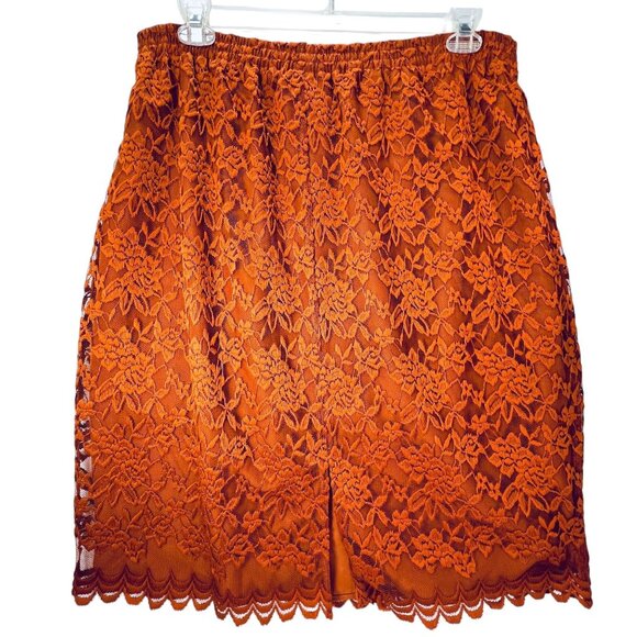 Maggie Sweet Copper Orange Lace Overlay Skirt Elastic Waist Scalloped Hem 1X XL - Picture 2 of 9